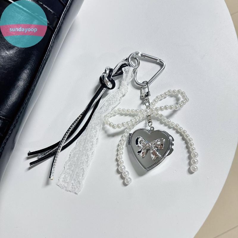 SUND Y2K Ngọc Trai Thời Trang Nơ Bạc Trái Tim Gương Móc Khóa Mặt Dây Chuyền Thời Trang Tinh Tế Nữ Tính Móc Khóa Túi Quyến Rũ Cho Bé Gái Quà Tặng VN