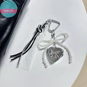 SUND Y2K Ngọc Trai Thời Trang Nơ Bạc Trái Tim Gương Móc Khóa Mặt Dây Chuyền Thời Trang Tinh Tế Nữ Tính Móc Khóa Túi Quyến Rũ Cho Bé Gái Quà Tặng VN