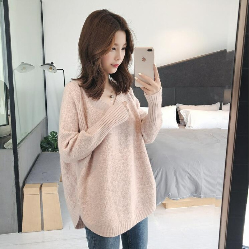 Áo sơ mi dệt kim cổ thấp cho bà bầu mùa thu