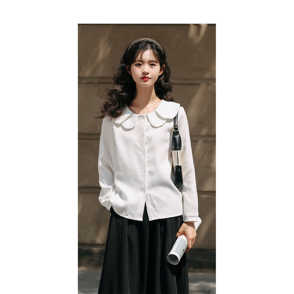 Mutu Gentle Series Búp Bê Cổ Áo Sơ Mi Trắng Dài Tay Cho Nữ