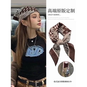 Mỹ Retro Nâu Khăn Trùm Đầu Lụa Cho Thu Đông