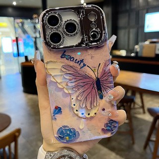 Phim bảo vệ ống kính lấp lánh Giá đỡ máy ảnh Bột vàng Bướm Vỏ điện thoại cho iPhone 17Promax 16Promax 12 13 14 15 Pro Max 11 Vỏ điện thoại di động nữ chống sốc