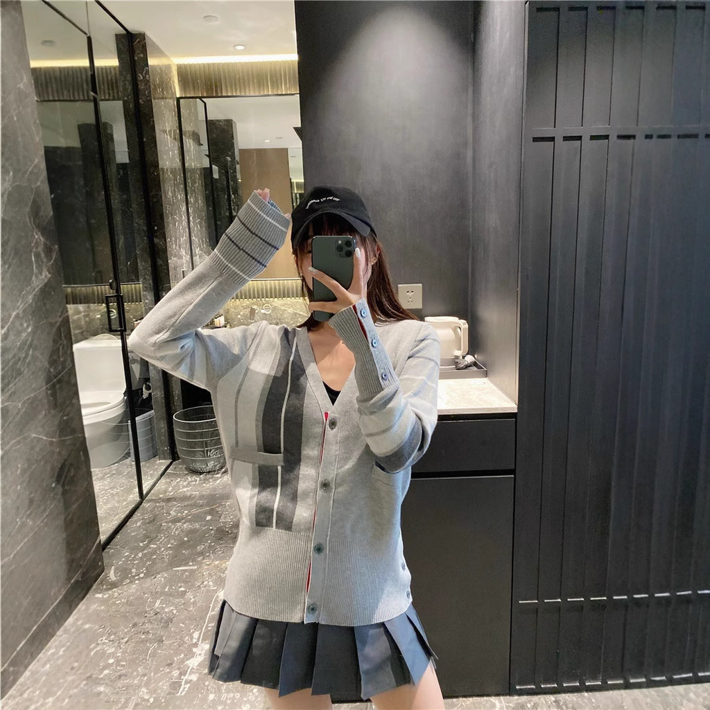 thombrowne Gray Contrast Color Striped Cardigan8787Style Color Block Knitted Jacket Asymmetric Striped Jacquard Sweater Top for Women