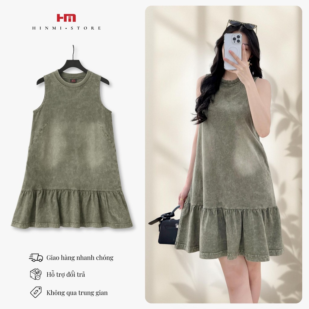 Đầm Lai Bèo Ba Lỗ Wash_Dáng Suông Chữ A_Vải Cotton Wash_ Nữ Tính, Dịu Dàng (LAI BÈO TRƠN_RÊU)