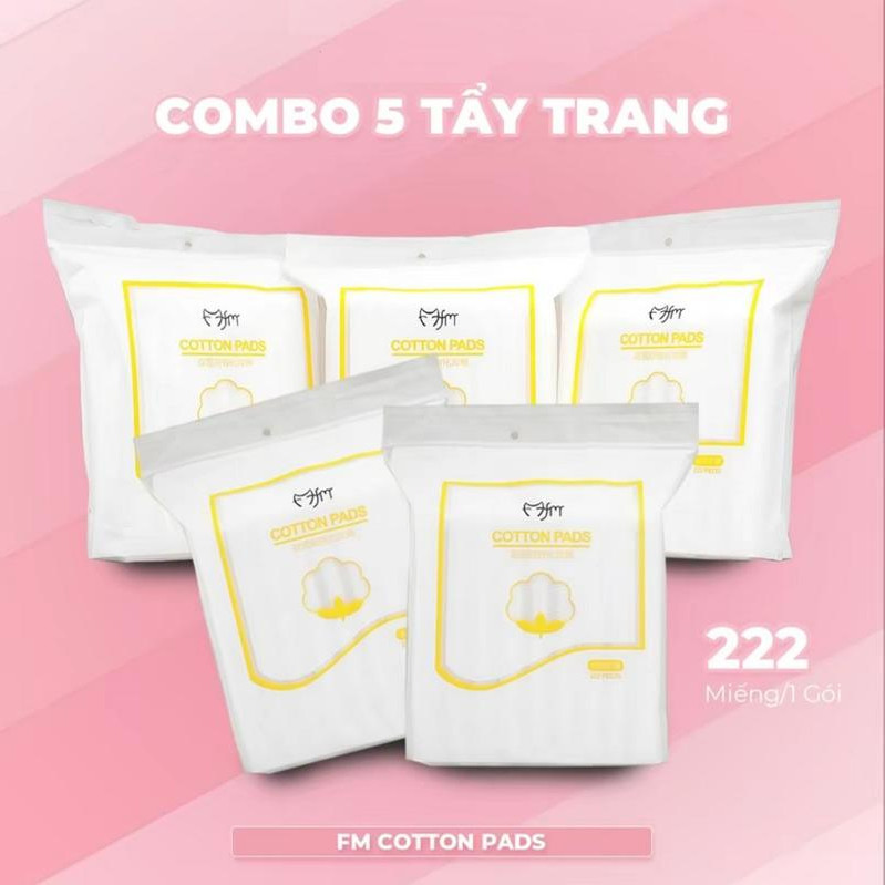 COMBO 5 bông tẩy trang Cotton Pads (222 miếng) 3 lớp, không xơ bông sạch sâu, an toàn dịu nhẹ cho da