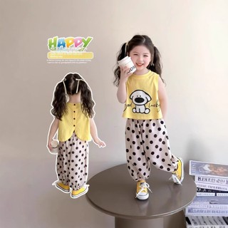 Bộ đồ bé gái mùa hè dễ thương - Áo thun in hình chó + quần chấm bi rộng rãi