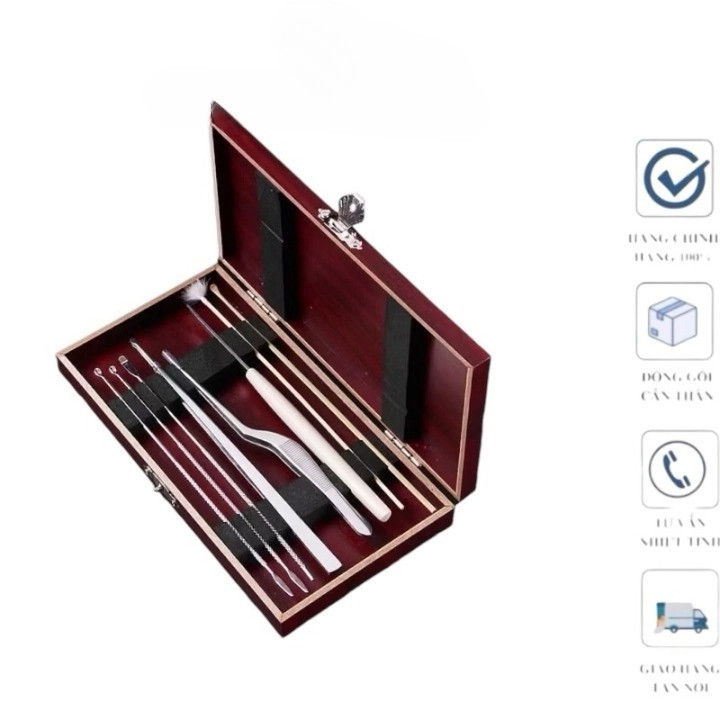 Bộ Lấy Ráy Tai Đa Năng 9 Món Bằng Thép Không Gỉ, Nhíp Và Móc Ráy Tai Đủ Kích Cỡ, Đựng Trong Hộp Kim Loại Gọn Gàng