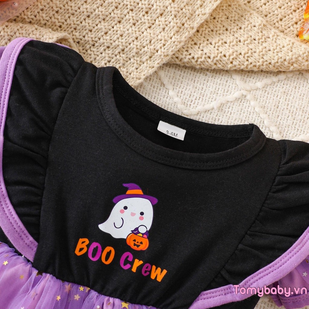 Bé Gái Halloween Một Dòng Đầm Ma In Chữ Ngắn Tay Phồng Tuyn Chắp Vá Váy