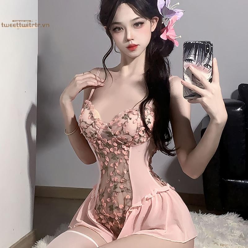 Body Suspender lưới thêu như bọ cánh cứng với hoa nhỏ, thiết kế mở đáy, phù hợp váy ngủ ôm body