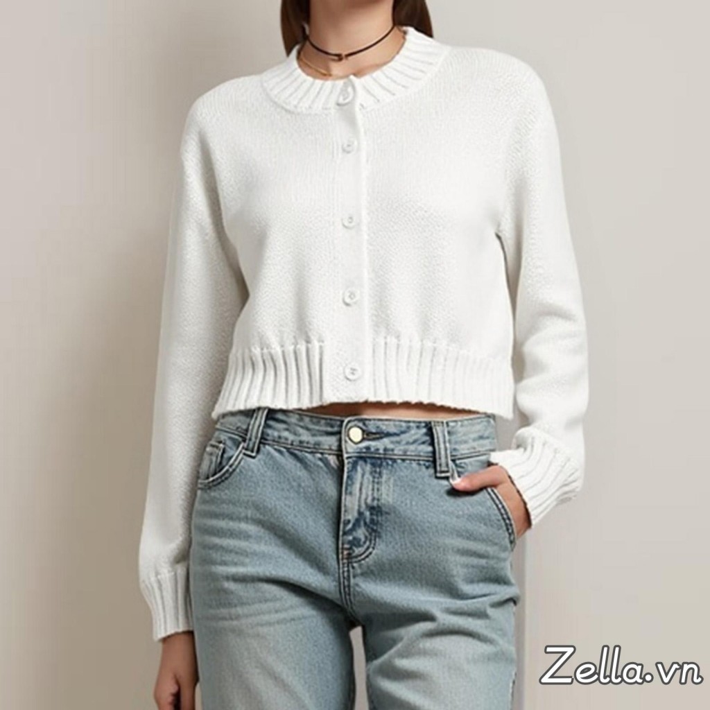 Áo len Cardigan cổ tròn dài tay màu trơn cho nữ mùa thu