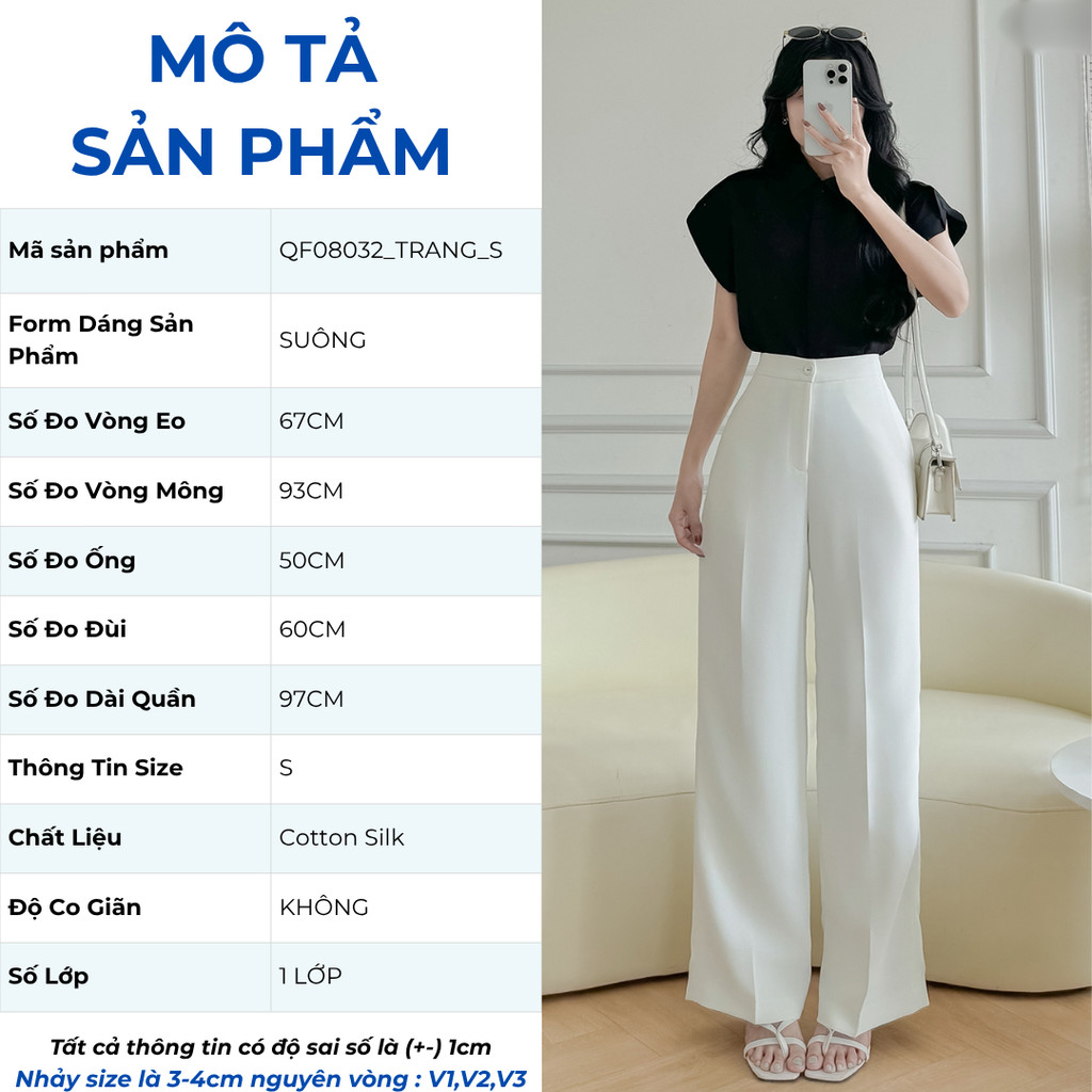 Quần tây nữ GUMAC ống suông màu trắng nút bọc chất liệu cotton silk mềm mịn  QF08032