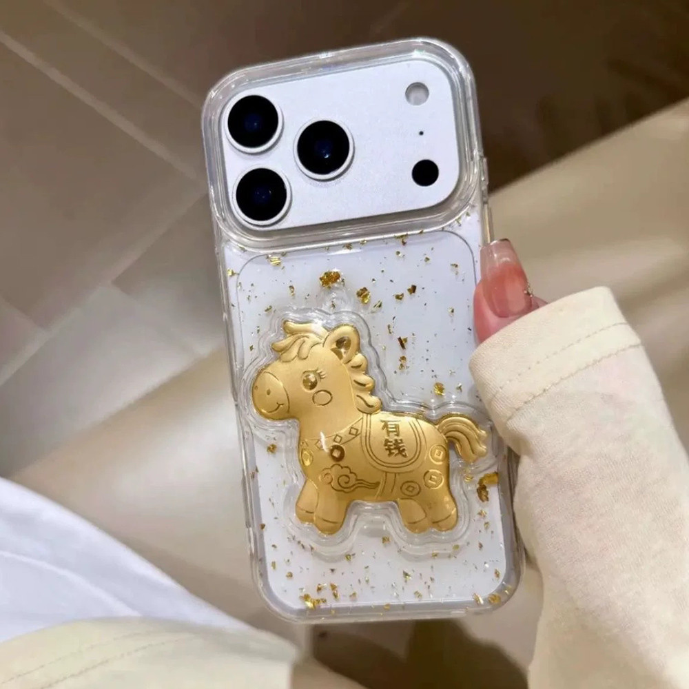 Ốp Điện Thoại Nhựa Lá Vàng 3D Ngựa Cho iPhone 17 Pro Max 17 Air 16 Plus 15 14 13 12 11 Vỏ Bảo Vệ Chống Sốc