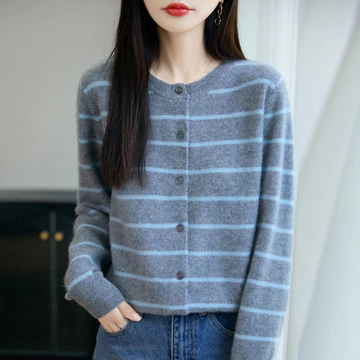 Len ~ Áo Cardigan Thêu Dứa cho Phụ Nữ, Áo Khoác Dệt Kim Cổ Tròn Mới Mùa Thu và Đông, Áo Len Sọc, Áo Nữ