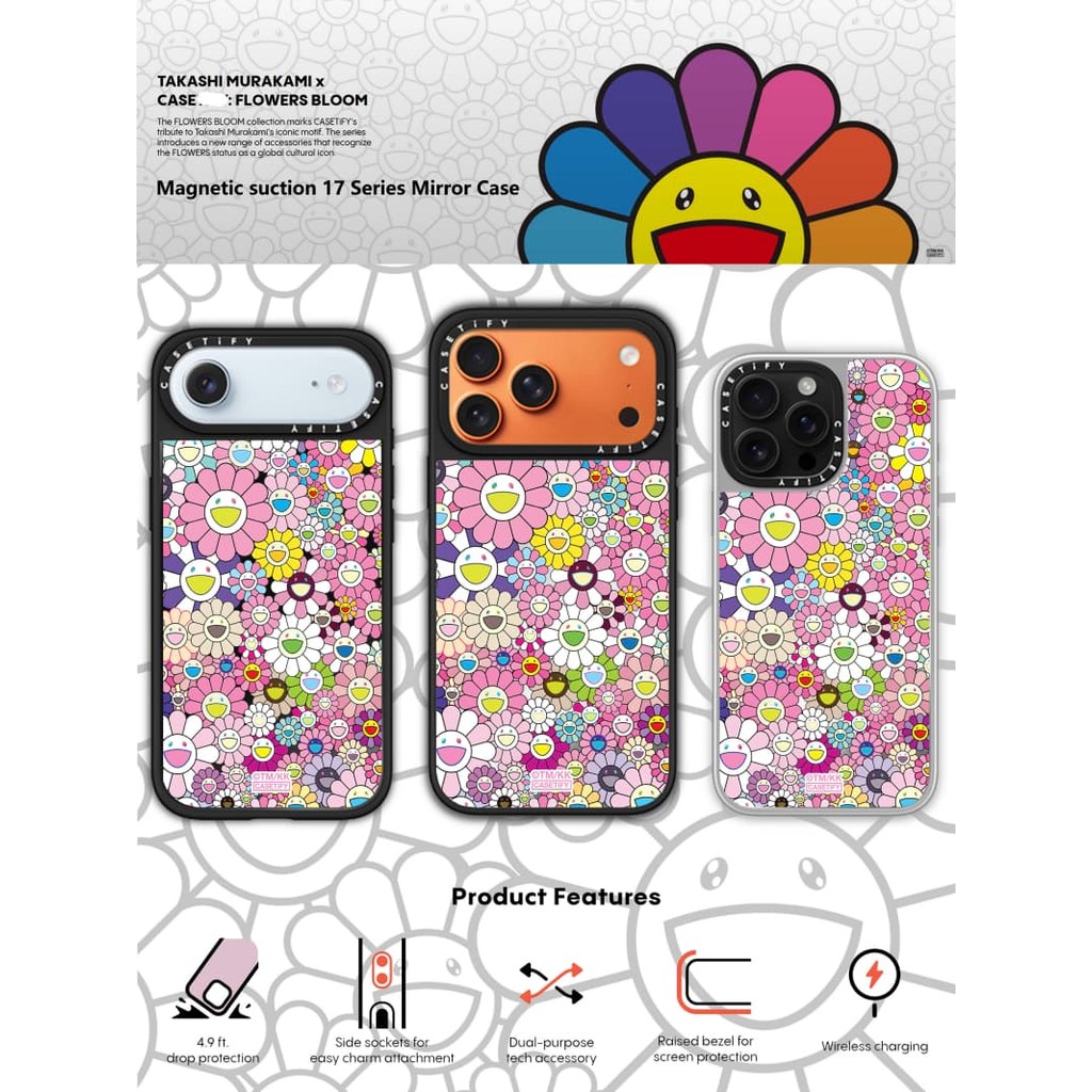 TAKASHI MURAKAMI x CASECASE: FLOWERS BLOOM (HỒNG) Gương đen & mảnh Vỏ iPhone hút từ tính cho iPhone 17 Air 16 15 14 13 12 Pro Max Plus logo khắc