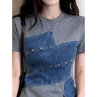 [Khuyến mãi trong thời gian có hạn] Áo thun ngắn tay Denim dáng ôm nhỏ độc đáo đẹp khổng lồ xinh đẹp Áo thun ngắn tay đẹp