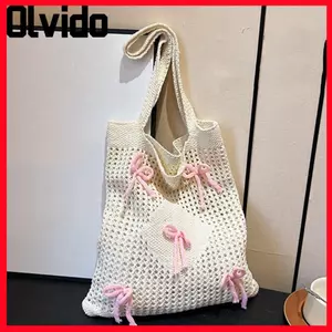 Túi đeo vai OLVIDO, Túi Tote dệt kim dung tích lớn, Túi đi biển rỗng nơ thời trang kỳ nghỉ