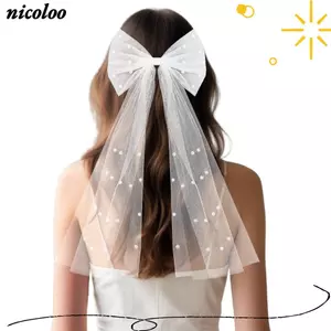 NICOLOO Ngọc Trai Nơ Kẹp Tóc, Kẹp Tóc Giả Ngọc Trai Trắng, Thanh Lịch Dài Ruy Băng Lưới Vải Tuyn Cô Dâu Veil Tiệc Cưới