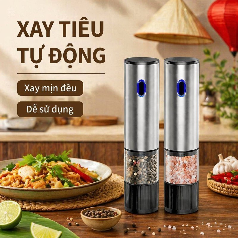 máy xay tiêu điện mini inox cảm biến nghiêng sạc type c lõi gốm chỉnh mịn xay muối gia vị