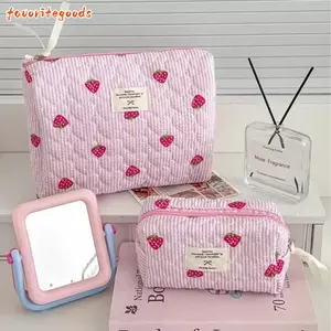Túi trang điểm FAVORITEGOODS, Túi vệ sinh di động màu hồng, Túi giặt dung tích lớn sọc dâu tây dễ thương dành cho sinh viên