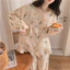 Đồ Ngủ Quần Dài Tay Ren Cardigan Ngọt Ngào Bong Bóng Nhăn Đồ Mặc Nhà Nữ Bộ Hai Chiếc