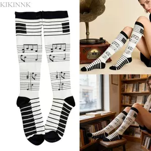 KIKIN Nữ Thời Trang Dài Đến Đầu Gối Tất Piano Thiết Kế Chìa Khóa Vải Cotton Vớ Dài