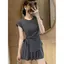 Phong cách mới mùa hè phong cách Hàn Quốc Áo thun ngắn tay lười biếng thường ngày xếp li hàng đầu Bộ đồ hai mảnh