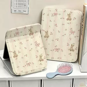 Gương gấp mini họa tiết thỏ nơ sọc hồng gương makeup cầm tay nữ sinh