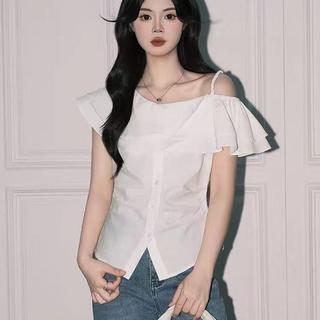 [Thời gian có hạn Seckill] Áo sơ mi đeo vai xù màu trắng có tính khí dành cho nữ sang trọng Slimmer Look Top Sản phẩm chính hãng siêu cổ tích