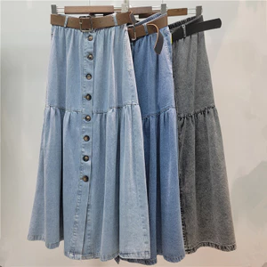 Châu Âu Thời Trang Thắt Lưng Co Giãn Đơn Giữa Chiều Dài Váy Denim Nữ Mùa Hè Phù Hợp Với Chữ a Lớn Xoay Váy T