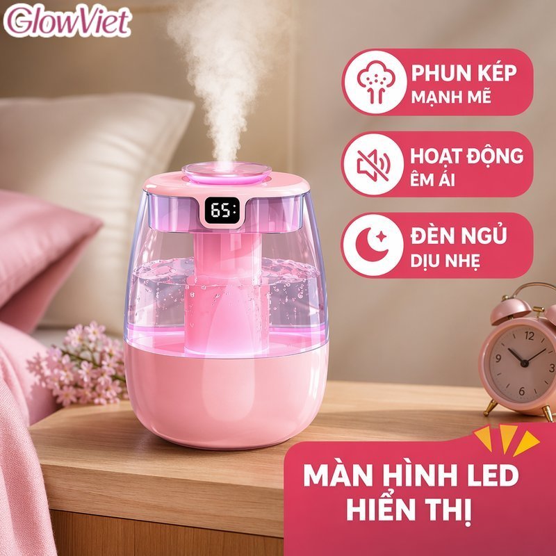 Máy Tạo Ẩm Phun Sương Kép Led Đèn Ngủ Cảm Biến Ẩm Nano Tự Ngắt An Toàn Type C 2 Lõi