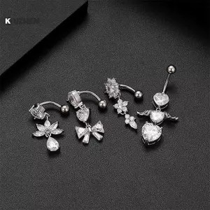 KUZHEN 1 Cái Ngược Dangel Bụng Nút Xuyên Cho Nữ Thép Trái Tim Có Đôi Cánh Hoa Rốn Nhẫn Thời Trang Cơ Thể Trang Sức HOT