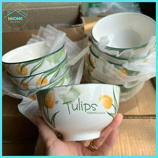 Bộ 10 Chén Sứ Ăn Cơm 11.5cm – Họa Tiết Hoa Tulip Sang Trọng, Bát Sứ Cao Cấp – HùngHome