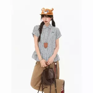 Áo sơ mi ngắn tay kẻ sọc xanh cổ điển Hàn Quốc dành cho nữ phong cách Preppy Áo sơ mi ve áo hẹp đẹp Top phù hợp