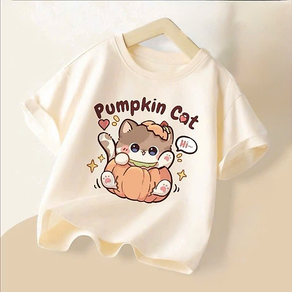 Áo cộc tay cho bé chất cotton tici in hình mèo pumpkin gồm 6 mầu cực cá tính năng động đáng yêu sz14-44kg(D39)