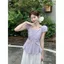 Áo sơ mi tay phồng màu tím phong cách Hàn Quốc dành cho nữ Mùa hè Phong cách mới Slim-fit Slimer Look xếp li Thiết kế sang trọng hàng đầu