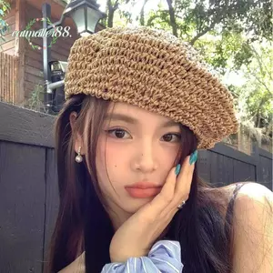 CATMALLER88 Mũ nồi móc kiểu Pháp, Mũ nồi ống hút mùa hè thủ công mỏng, Boho Rỗng Thiết kế phẳng thoáng khí Đi biển Mũ nồi dệt mùa xuân hè