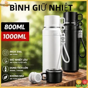 Bình giữ nhiệt 316cao cấp, kèm cốc trà, dung tích 1000/800ml, màu đen/trắng, chống rò rỉ, giữ nóng/lạnh