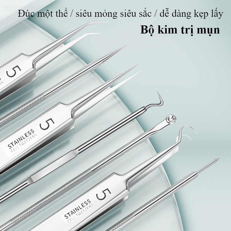 Bộ Dụng Cụ Nặn Mụn,Nhíp Lấy Mụn đầu đen,Đầu Tròn Nhọn Đa Năng,Khử Trùng UV,Loại Bỏ Mụn Đầu Đen & Mụn Ẩn Không Đau