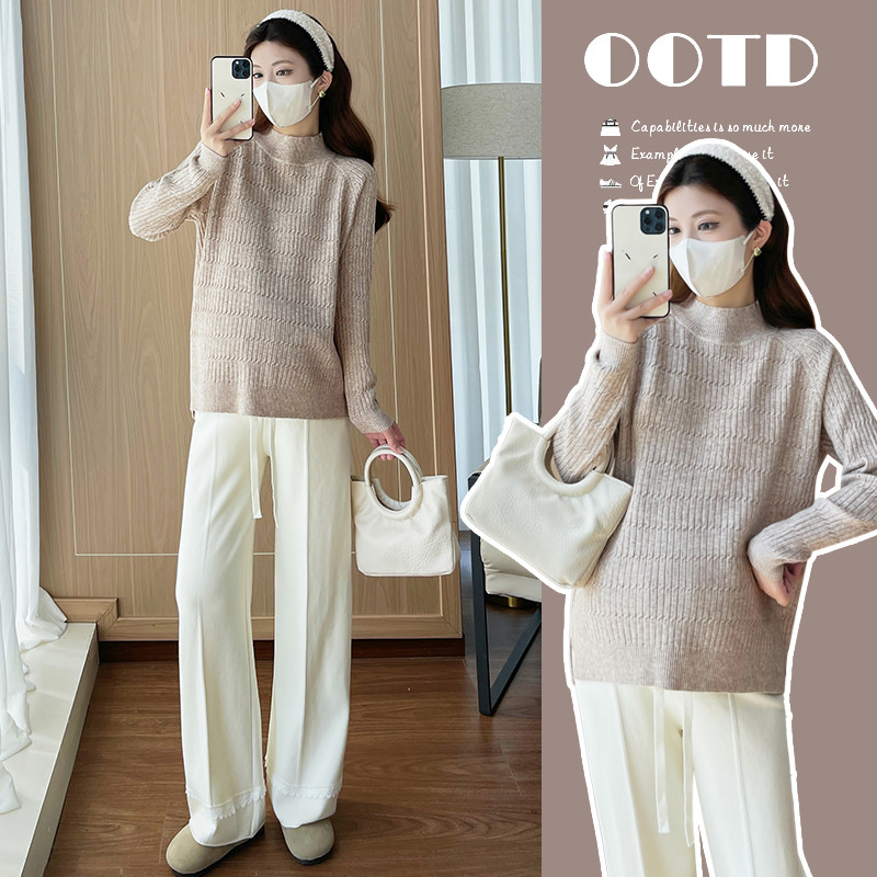 Bộ đồ bà bầu thu đông, áo len nửa cổ rùa và quần ống rộng