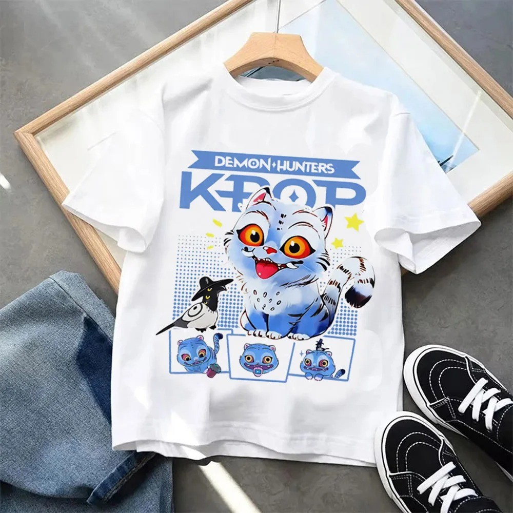 Kpop Demon Hunters Hổ In Hình Trẻ Em Áo Thun Bé Trai Bé Gái Hoạt Hình Đồ Họa Hàng Đầu Phong Cách Bông Tai Kẹp