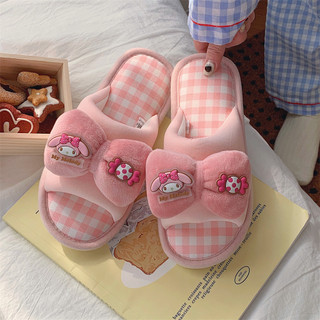 XIXITIAO Vải Lanh Cotton Dép Nữ Sanrio Sáng Tạo Kẻ Sọc Phẳng Nhà Thoải Mái Nhẹ Bốn Mùa Đa Năng