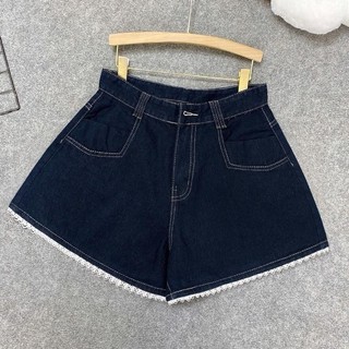 Quần đùi jean bigsize nữ lưng cao phối ren xinh  xắn cho nữ chubby màu xanh denim đậm dễ phối đồ- Q565