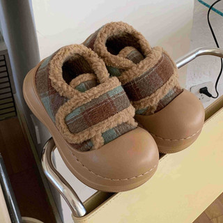 XIXITIAO Giày Cotton Nữ Mùa Đông Retro Màu Sắc Tương Phản Kẻ Sọc Bên Ngoài Mặc Velcro Đế Dày Giữ Ấm