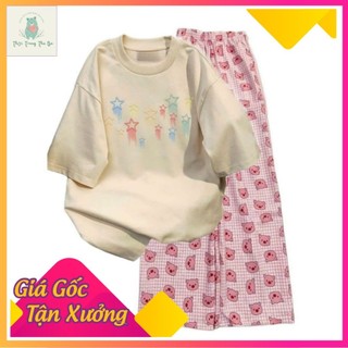 Sét Bộ Quần heo Hồng+ mix áo phông form rộng tay lỡ chất cotton su- hình ngôi sao-