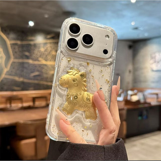 3D Ngựa Vàng Nhận Tiền Ngay Bây Giờ Lấp Lánh Sequin Trong Suốt Ốp Lưng Điện Thoại iPhone 17Promax 17Pro 17Air 12 13 14 15 16 Pro Max 11 15Plus Chống Sốc Nam Nữ Vỏ Di Động