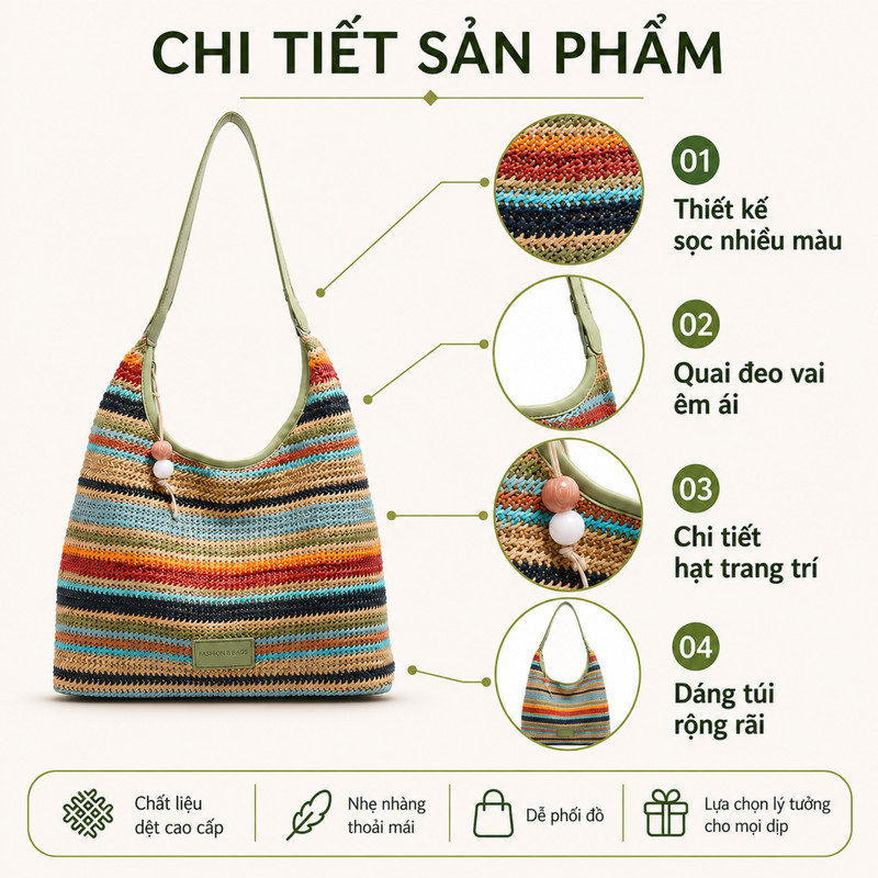 Túi Xách Cói đi Biển đeo Vai – Thiết Kế đơn Giản, Thời Trang, Màu Tương Phản, Phù Hợp Du Lịch Và Dạo Phố