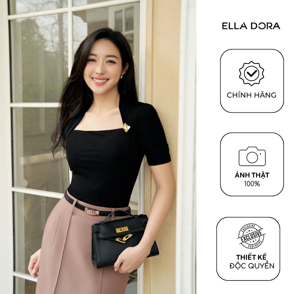 Áo thun nữ ELLA DORA cổ vuông đính tag form ôm tôn dáng hiện đại dễ mặc 3 màu ĐỎ/ĐEN/NAVY [AT76]
