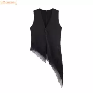 Áo xếp nếp bất đối xứng OUSXA, Áo khoác ngoài dáng rộng vừa vặn màu trơn, Trang trí ren đa năng thời trang cổ chữ V hàng đầu dành cho nữ