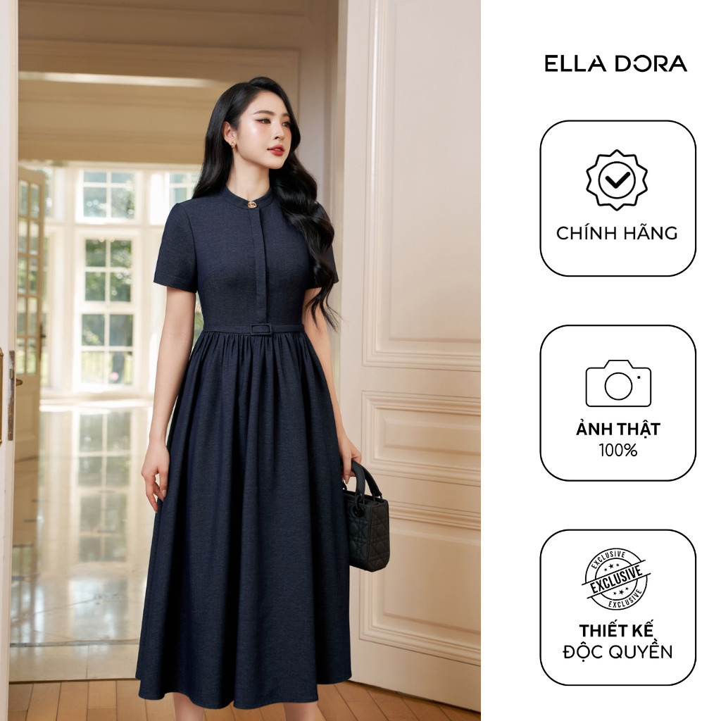 Đầm công sở nữ ELLA DORA dáng dài cổ trụ phối cúc đồng bọc đai eo thanh lịch màu XANH ĐẬM [D263]