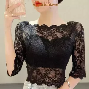 IAPPORTUNIA Áo crop top nữ, Áo sơ mi nửa tay cổ một chữ thêu, Áo thun ren xuyên thấu thanh lịch dành cho nữ
